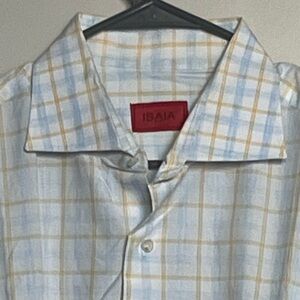 Isaia Men's Blue and Yellow Checkered Shirt